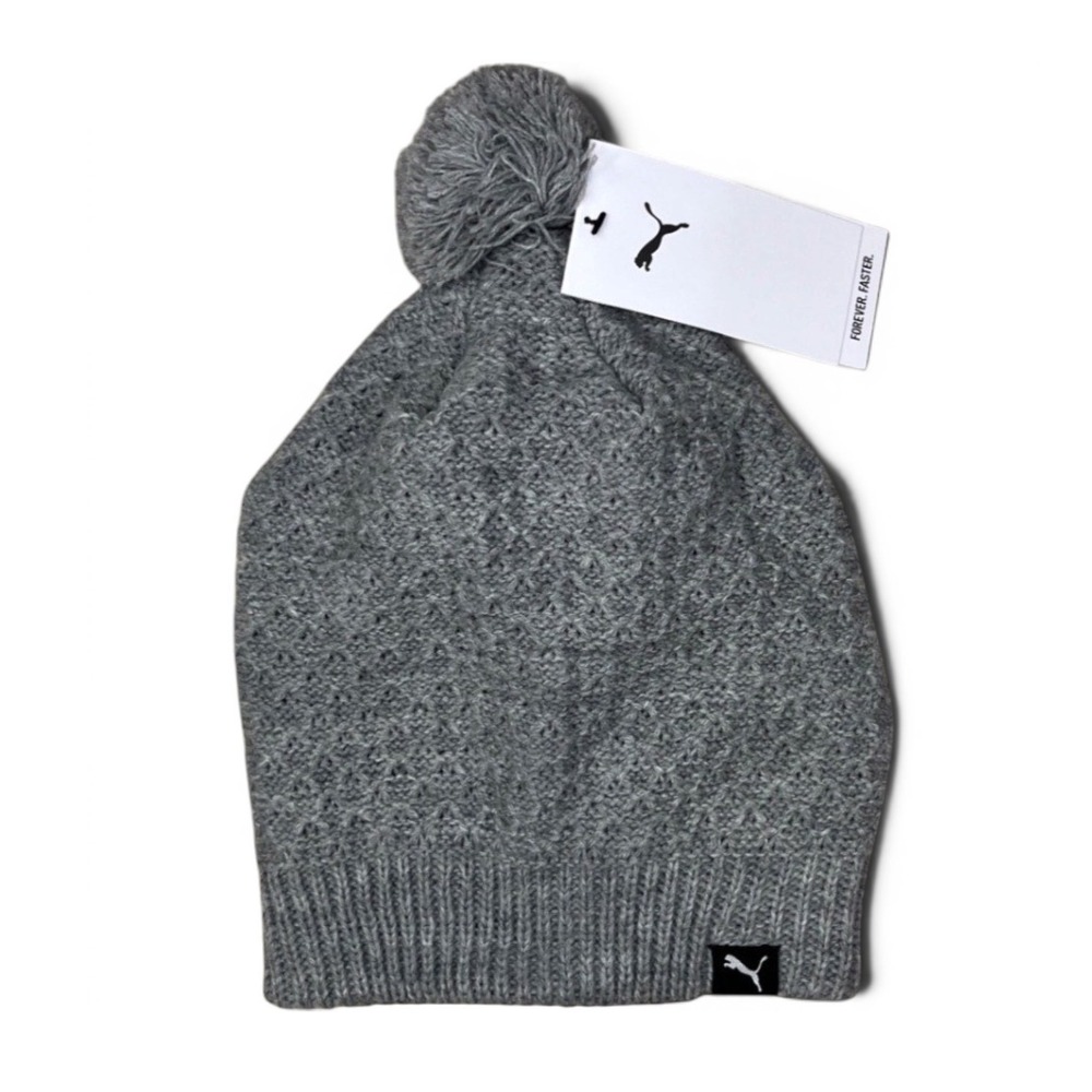 Puma Womens Pom Pom‎ Beanie Gray Knit Winter Hat Textured Athletic Cap NWT